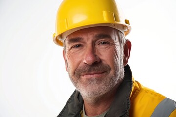 Portrait of a male construction worker wearing hard hat, studio shot, white background