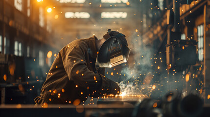 A skilled welder man wearing a protective mask welding metal at a factory, with welding sparks and a light background. Craftsman metal, manufacturing production, metalwork, steel industry concept.