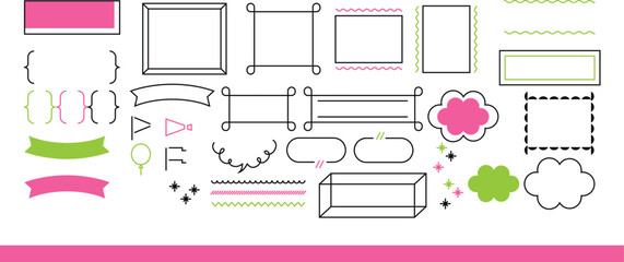 Vector illustration set of cute spring frames in hand drawn style. Ribbon, cherry blossoms, flowers