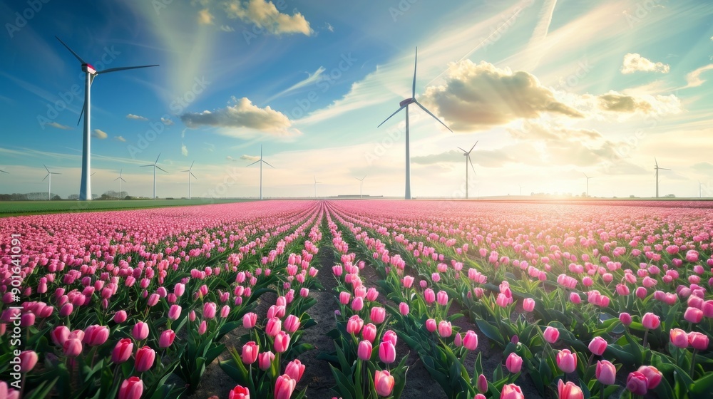 Aufkleber a field of pink flowers with a few wind turbines in the background