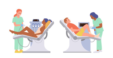 Hair removal procedure for male and female clients at professional laser epilation office in clinic