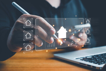 Real estate concept business, home insurance and real estate protection. Buy and sell houses and...