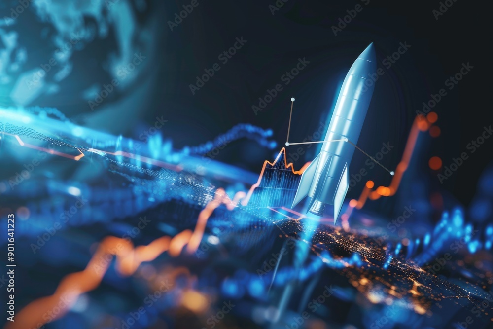 Aufkleber a rocket is flying through a city with a lot of financial data. the rocket is surrounded by a lot of