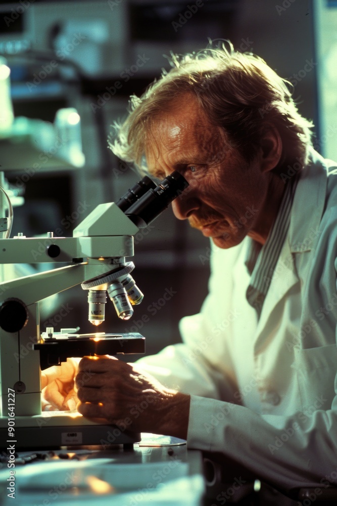 Aufkleber a man is looking through a microscope. he is wearing a white lab coat and has a serious expression o