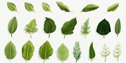 Fototapeta premium A collection of green leaves with varying shapes and sizes. The leaves are arranged in a row, with some overlapping each other. Scene is peaceful and serene, as the leaves are all green