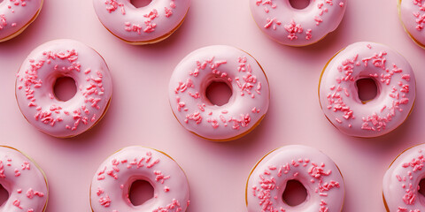 Pink donuts pattern on a pink background. Design concept banner of romantic, sweet life.