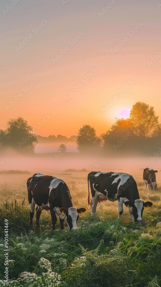 Poster a herd of cows graze in a field at sunset