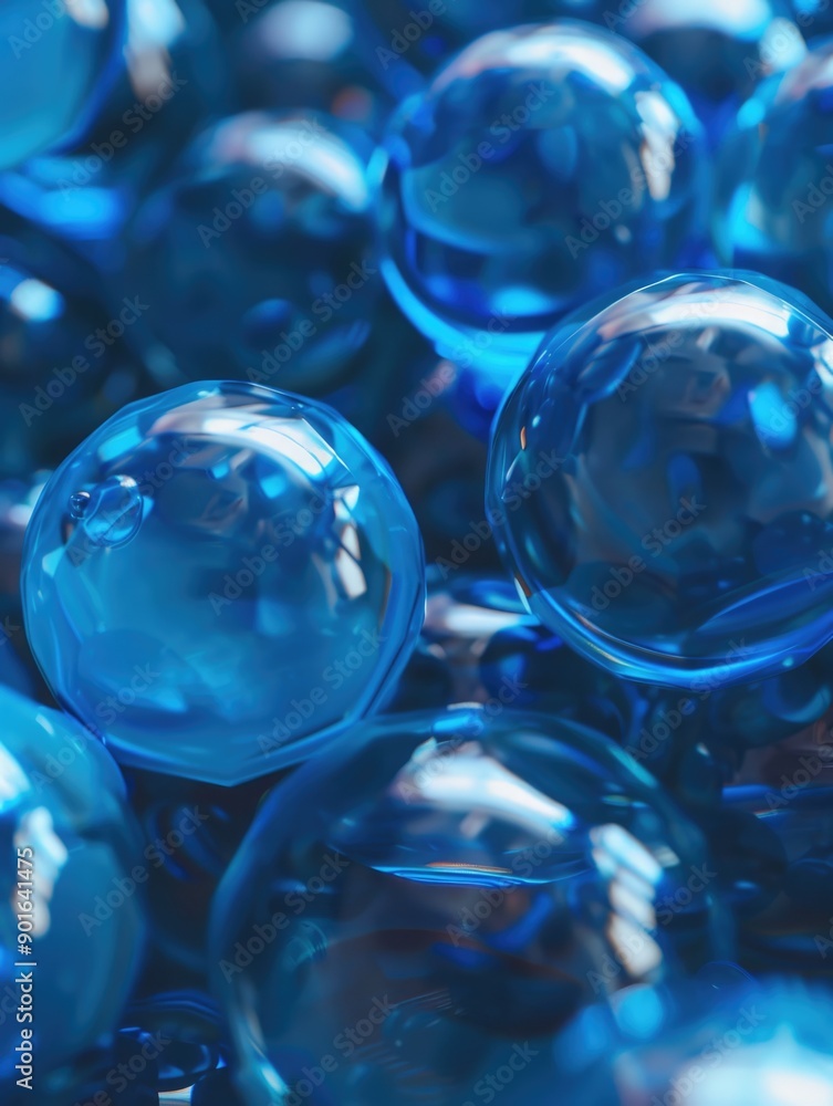 Poster a close up of many blue glass spheres. the spheres are all different sizes and are arranged in a way