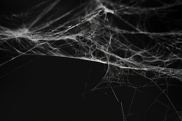 Real creepy spider webs silhouette isolated on black banner panorama - Halloween background template