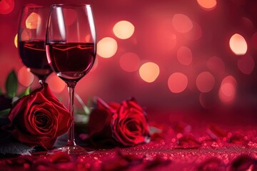 Red roses with empty red wine glass put on red background for Valentines dining concept