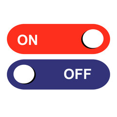 On Off set slider. Vector flat illustration. Button. Collection template buttons, blue - off, red - on for mobile app or web design on white background.