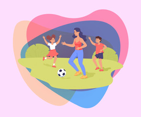 Mother playing football with son and daughter outside. Woman doing sports together with children on green grass flat vector illustration. Family, outdoor activity, summer concept