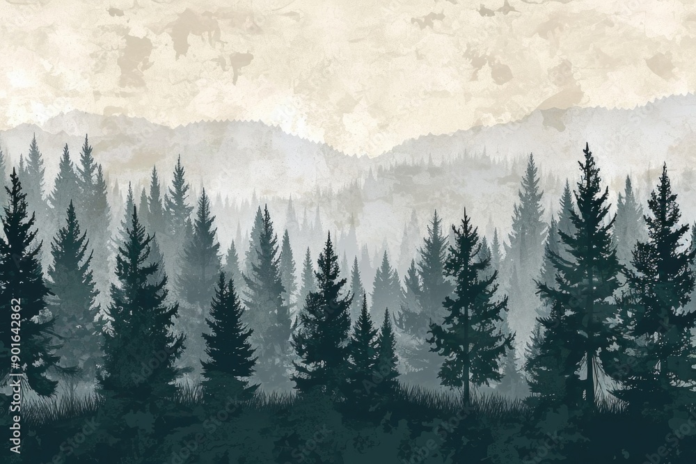 Poster a forest with trees in the background and a mountain in the distance. the trees are tall and green, 