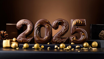 西暦。2025年。クリスマスの夜。金と黒のキャンドルが揺れる優雅な部屋に、植物の装飾が施された彫刻のようなチョコレートアートが飾られる。ビターとミルクのチョコにアーモンドを散りばめ、甘い香りが漂う。特別に作られた数字が新たな年への希望を象徴する。新しい年を迎える準備を整える。金と黒の光の中で、この美しい瞬間が永遠に輝き続ける。