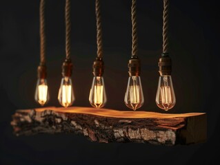 A wooden beam with six light bulbs hanging from it. The bulbs are lit up and give off a warm, cozy glow. Scene is calm and relaxing, as the soft light from the bulbs creates a peaceful atmosphere