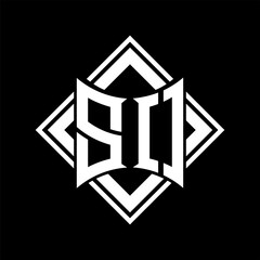 SO Letter logo abstract shield shape with square white outline on black background template