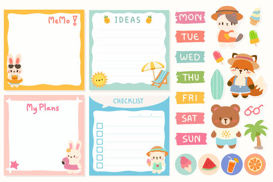 Kawaii Beach Memo Set with Cute Animals and Planning Stickers. Adorable Beach Themed Planner Stickers and Memo Templates. Cute and Fun Beach Planner Stickers and Memo Pads.