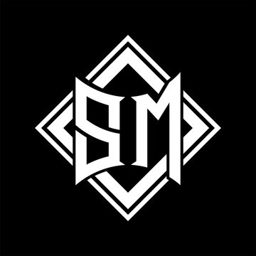 recommend clip art: SM Letter logo abstract shield shape with square white outline on black background template