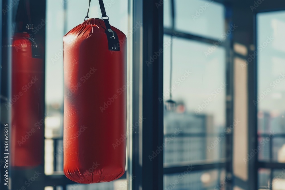 Poster a red boxing bag hangs in front of a window. the bag is the only thing visible in the image