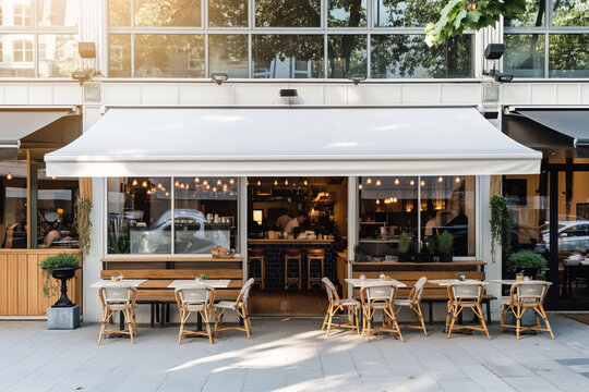 Modern Cafe Bakery with Awning and Outdoor Seating in Urban Setting.