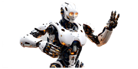 This image features a highly advanced humanoid robot with a sleek white exterior isolated in transparent background.