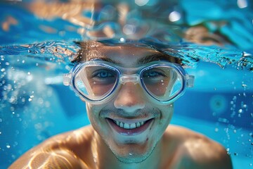 Naklejka premium smiling young active man swimming underwater in the pool