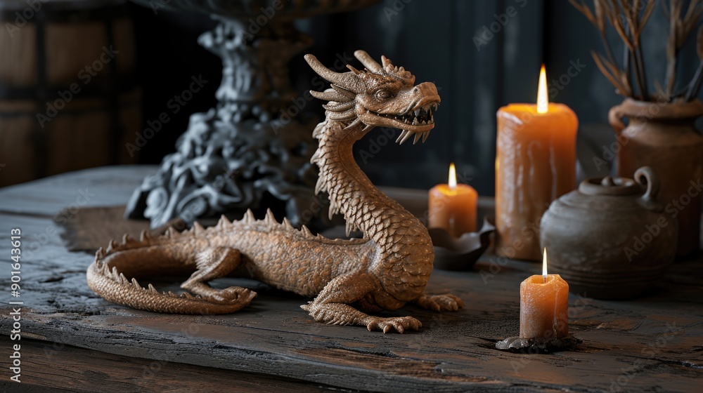 Poster a dragon statue sits on a table next to candles and a vase. the scene has a mysterious and mystical 