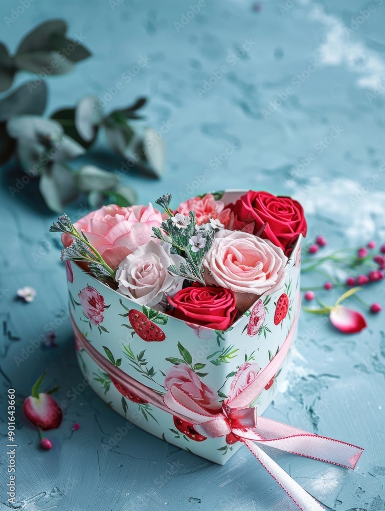 Poster a heart-shaped box filled with red and pink flowers. the flowers are arranged in a way that they loo