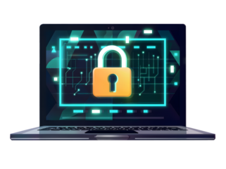 This image features a laptop displaying a glowing locked padlock icon isolated in transparent background, symbolizing cyber security and data protection.