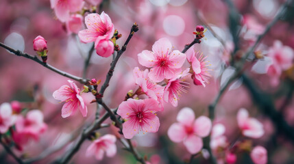 Fototapeta premium Blooming cherry blossom branches adorned with delicate pink flowers during springtime afternoon