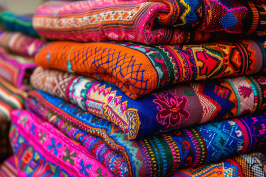 Traditional peruan textiles featuring intricate patterns and bold colors