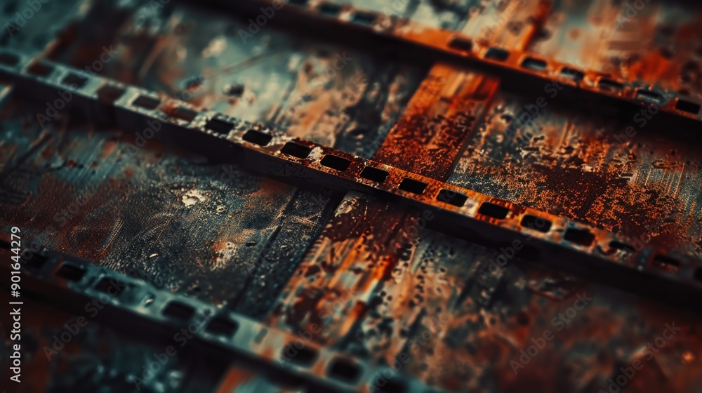 Poster the image is a close up of a rusty metal surface with a lot of holes. the holes are of different siz
