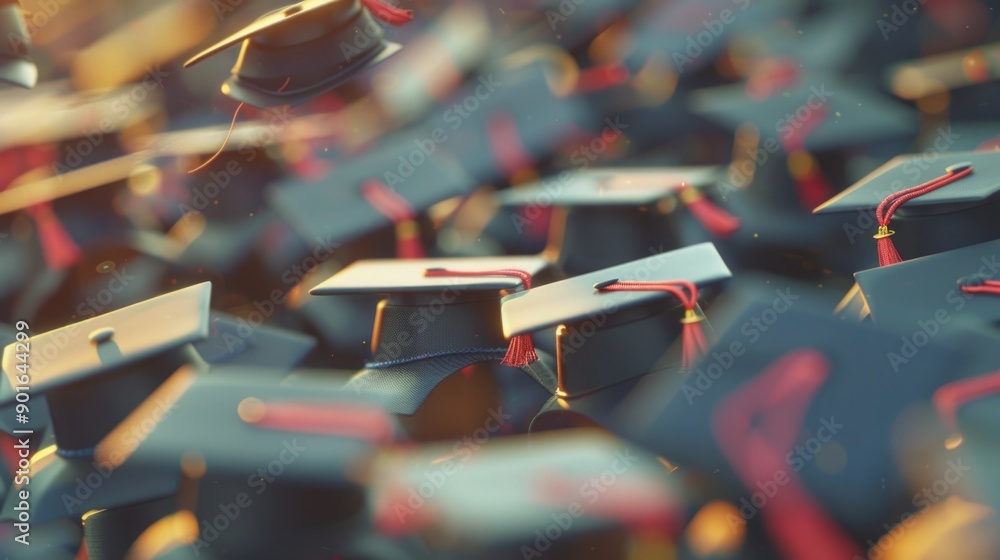 Poster a row of graduation caps with red tassels. the caps are all different sizes and colors
