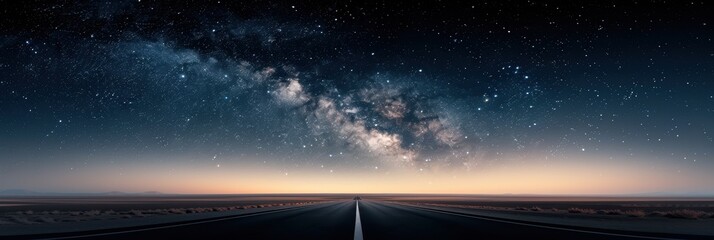 A breathtaking view of the Milky Way galaxy over an empty road at night, showcasing the beauty of the universe.