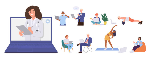 Diverse people cartoon characters working, counseling, doing sport with laptop computer isolated set