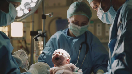 Newborn baby's first cry during delivery at hospital maternity ward in early morning