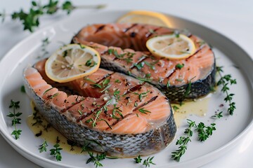 Grilled Salmon Steaks with Lemon and Fresh Herbs on a Plate
