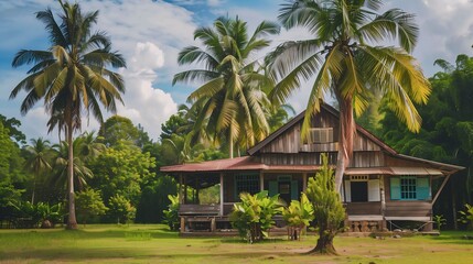 Charming Wooden House Surrounded by Palm Trees in Tropical Setting