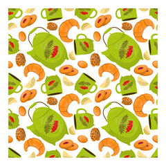 Pattern with cups, teapots, delicious cookies, croissants. Cozy autumn seamless background. Design for kitchen textiles, invitations, packaging. Cute, warm autumn vector illustration.