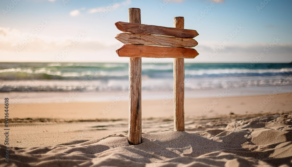 Poster empty wooden signpost on beautiful beach by the ocean. travel destination, tourism. wood pointer.