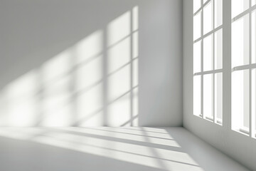 Minimalist room with large windows, sunlight and shadows on white walls and floor