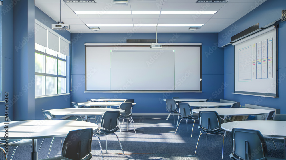 Poster bright classroom setting with interactive whiteboard and collaborative learning space