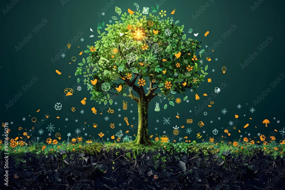 Poster tree with recycling and energy efficient symbols minimal design flat background art space for text