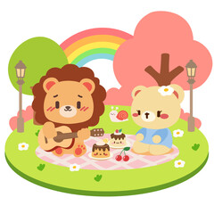 Cute Lion and Bear Picnic with Rainbow. Adorable Animal Friends in a Park. Kawaii Picnic Scene with Lion and Bear.