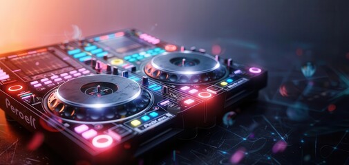 Digital 3D DJ turntable with neon lights, 3D background music, energetic and innovative