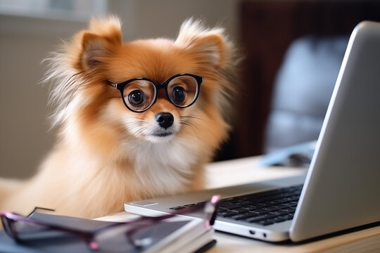 Cute chihuahua dog looking at a laptop and working wearing glasses and a shirt