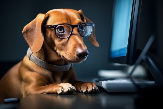 Cute dachshund dog looking at a laptop and working wearing glasses and a shirt
