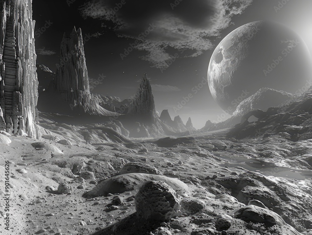 Poster a desolate landscape with a large rock in the foreground and a large planet in the background. the s
