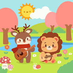 Cute Deer and Lion Playing Guitar in Nature. Kawaii Deer and Lion Music Scene.