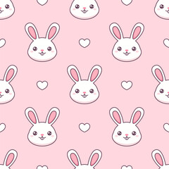White kawaii rabbit's heads and hearts on pink background. Vector seamless pattern. 